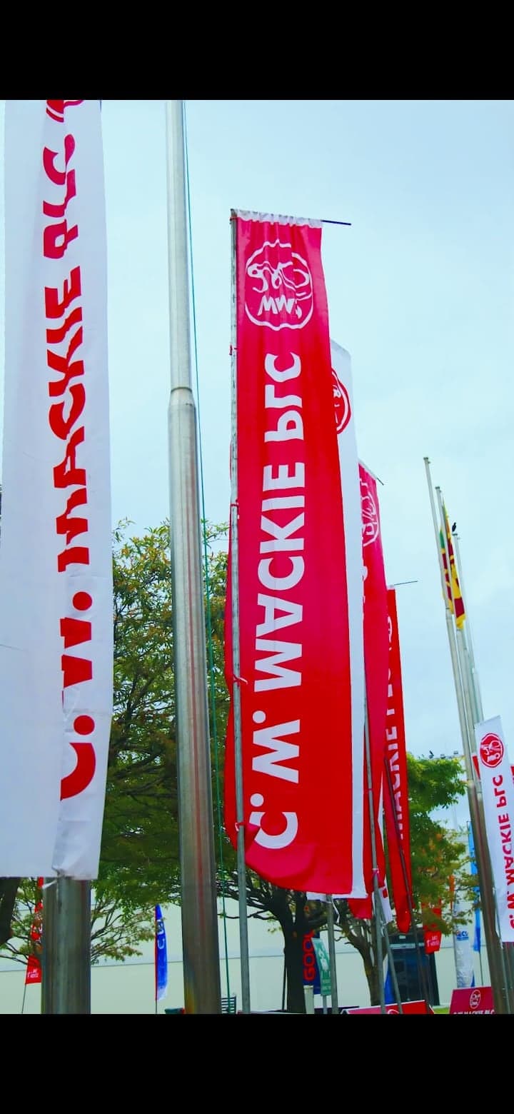 Printed C. W. Mackie PLC promotional pole flags flying outdoors