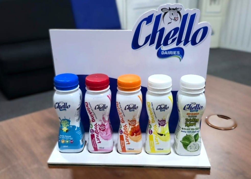 Chello Dairies counter-top display with drinking-yoghurt bottles