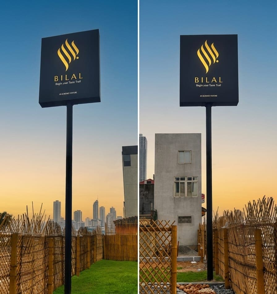 Bilal pole-mounted dealer board at dusk, two installation views
