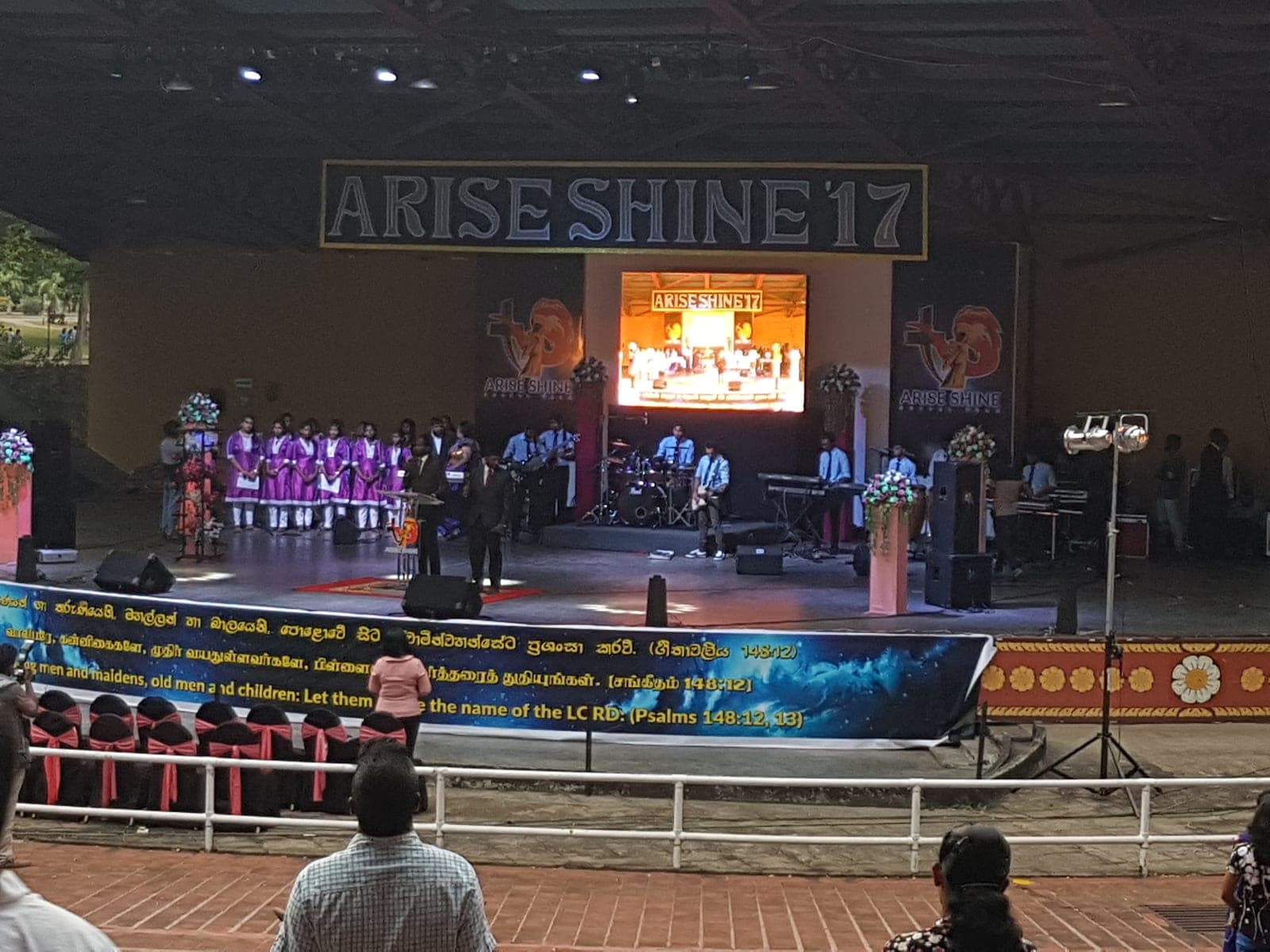 'Arise Shine' outdoor event stage with a choir, LED screen and lighting