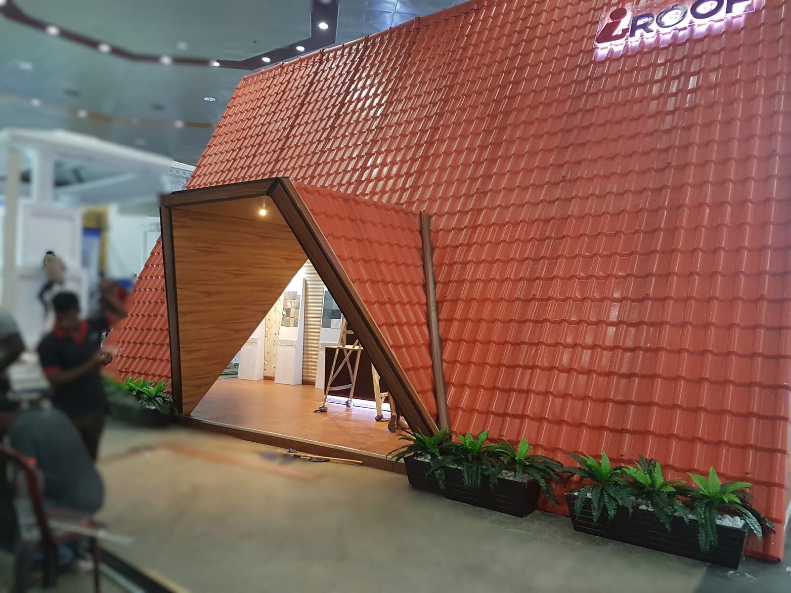 Clay roof-tile A-frame display stand at an exhibition